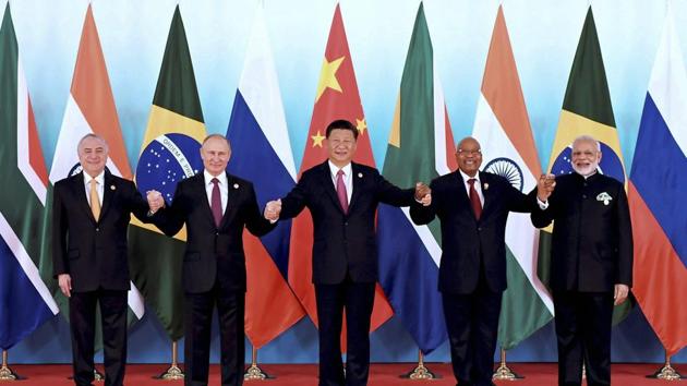 BRICS leaders from left: Brazilian President Michel Temer, Russian President Vladimir Putin, Chinese President Xi Jinping, South African President Jacob Zuma, and Indian Prime Minister Narendra Modi.(AP photo)