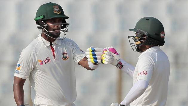 Bangladesh captain Mushfiqur Rahim (R) and teammate Sabbir Rahman hit a crucial 105-run partnership which revived their innings against Australia on Day 1 of the second Test in Chittagong. (AP) Bangladesh captain Mushfiqur Rahim (R) and teammate Sabbir Rahman hit a crucial 105-run partnership which revived their innings against Australia on Day 1 of the second Test in Chittagong. (AP)
