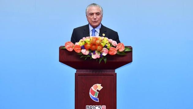 Brazil's President Michel Temer delivers his speech during the BRICS Business Forum at the Xiamen International Conference and Exhibition Center in Xiamen in southeastern China's Fujian Province on Sunday. The Brics member countries on Monday identified Pakistan-based terror outfits Lashkar-e-Taiba and Jaish-e-Mohammed among groups causing violence and security concerns, bracketing them with the Islamic State. (Li Xin / AP)