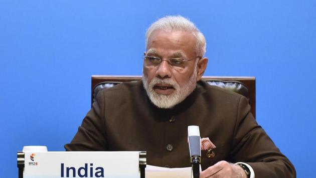 Prime Minister Narendra Modi delivers a speech ahead of the signing ceremony of BRICS business council at the summit in Xiamen, China, on Monday. (AP) Prime Minister Narendra Modi delivers a speech ahead of the signing ceremony of BRICS business council at the summit in Xiamen, China, on Monday. (AP)