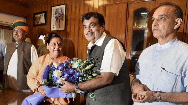 Former Water Resources Minister Uma Bharti greets Union Minister Nitin Gadkari as he takes charge of the Ministry of Water Resources, River Development and Ganga Rejuvenation, the Ministers are flanked by MOS Arjun Ram Meghwal and MOS Satyapal Singh in New Delhi on Monday. (PTI Photo) Former Water Resources Minister Uma Bharti greets Union Minister Nitin Gadkari as he takes charge of the Ministry of Water Resources, River Development and Ganga Rejuvenation, the Ministers are flanked by MOS Arjun Ram Meghwal and MOS Satyapal Singh in New Delhi on Monday. (PTI Photo)