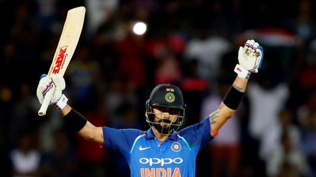 India captain Virat Kohli celebrates his century against Sri Lanka in Colombo on Sunday.(Reuters)