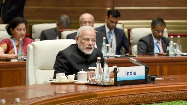 Prime Minister, Narendra Modi delivering his statement, at the Plenary Session of the 9th BRICS Summit, in Xiamen, China on Monday. (PTI Photo) Prime Minister, Narendra Modi delivering his statement, at the Plenary Session of the 9th BRICS Summit, in Xiamen, China on Monday. (PTI Photo)