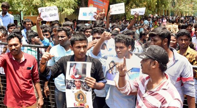 Members of the Student's Federation of India (SFI) raise slogans during a protest against the Centre following the death of Anitha in front of MKU college in Madurai, Tamil Nadu on Monday. (PTI) Members of the Student's Federation of India (SFI) raise slogans during a protest against the Centre following the death of Anitha in front of MKU college in Madurai, Tamil Nadu on Monday. (PTI)