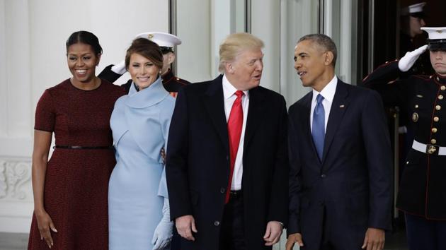 File photo shows then US President Barack Obama and first lady Michelle Obama posing with President-elect Donald Trump and his wife Melania at the White House in Washington.(AP)