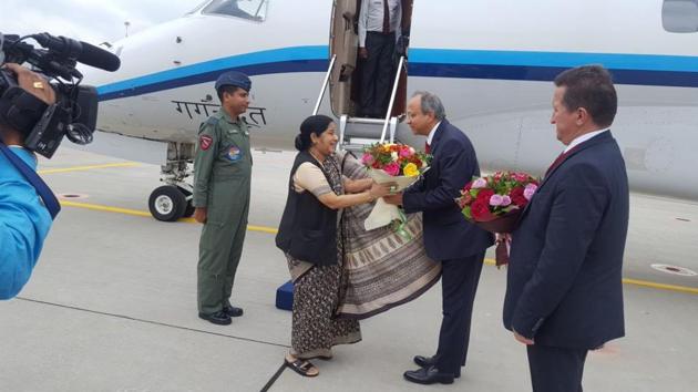 Swaraj is visiting Russia at the invitation of Deputy Prime Minister and Presidential Plenipotentiary Envoy to the Far Eastern Federal District Yury Trutnev.(Twitter Photo)