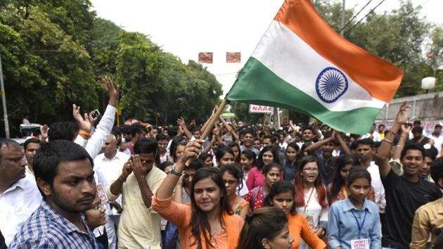 ABVP candidate Maha Medha Nagar during a DUSU campaign.(Sushil Kumar/HT Photo)