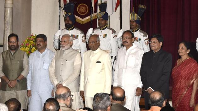 (L to R): Union Cabinet ministers Mukhtar Abbas Naqavi and Dharmendra Pradhan, Prime Minister Narendra Modi, President Ram Nath Kovind, Vice President Venkaiah Naidu, Union Cabinet ministers Piyush Goyal and Nirmala Sitharaman, after the reshuffle, Rashtrapati Bhavan, New Delhi, September 3, 2017 (Arvind Yadav/HT) (L to R): Union Cabinet ministers Mukhtar Abbas Naqavi and Dharmendra Pradhan, Prime Minister Narendra Modi, President Ram Nath Kovind, Vice President Venkaiah Naidu, Union Cabinet ministers Piyush Goyal and Nirmala Sitharaman, after the reshuffle, Rashtrapati Bhavan, New Delhi, September 3, 2017 (Arvind Yadav/HT)