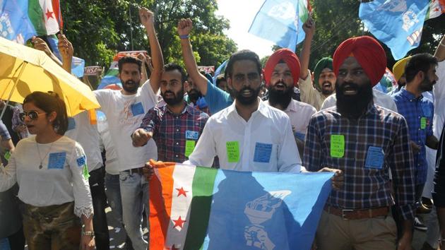 NSUI members during a rally regarding in Panjab University Chandigarh on Tuesday. (Karun sharma/ht)