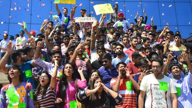 Students campaigning at SD College in Chandigarh. (ANIL DAYAL/HT)