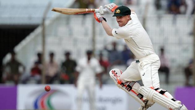 Australia opener David Warner in action against Bangladesh on Day 2 of the second Test at Chittagong. Get full cricket score of Bangladesh vs Australia, 2nd Test, day 2 here.(AP)