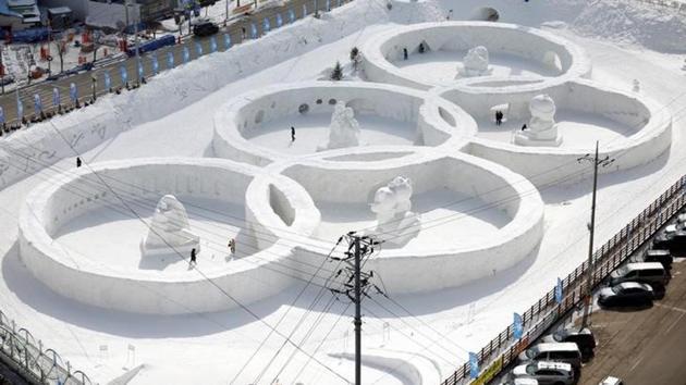An ice sculpture of the Olympic rings is seen during the Pyeongchang Winter Festival, near the venue for the opening and closing ceremony of the 2018 Winter Games in South Korea.(Reuters) An ice sculpture of the Olympic rings is seen during the Pyeongchang Winter Festival, near the venue for the opening and closing ceremony of the 2018 Winter Games in South Korea.(Reuters)