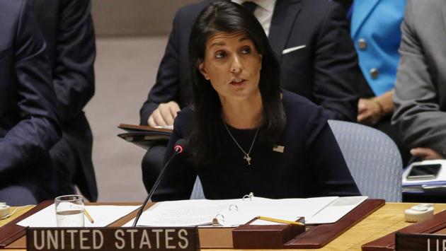United States Ambassador to the United Nations Nikki Haley during a UN Security Council emergency meeting over North Korea’s latest missile launch, on Monday, at UN Headquarters in New York.(AFP Photo)