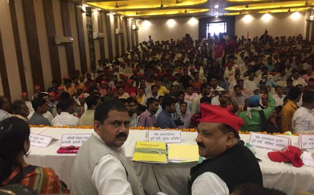 Former minister in UP cabinet, Ata-ur-Rehman and city unit president Raisuddin during Samajwadi Party worker meet in Agra on Tuesday.