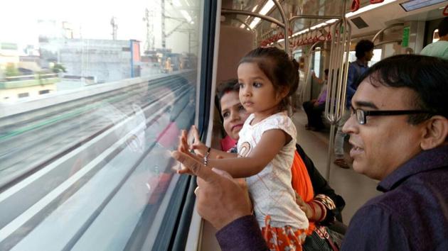 Metro services for the public opened today at 6am on the 8.5-km-long ‘priority corridor’ from Transport Nagar to Charbagh.  (Deepak Gupta / HT PHOTO) 