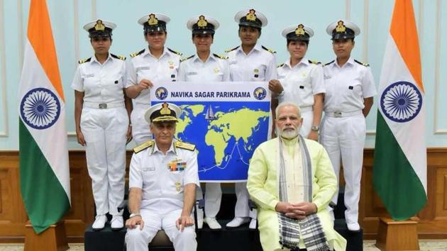 Prime Minister Narendra Modi with the six-member crew of the Navika Sagar Parikrama mission in New Delhi on August 16. The Indian Navy’s all-women team plans to sail around the world in eight months. (Indian Navy handout) Prime Minister Narendra Modi with the six-member crew of the Navika Sagar Parikrama mission in New Delhi on August 16. The Indian Navy’s all-women team plans to sail around the world in eight months. (Indian Navy handout)