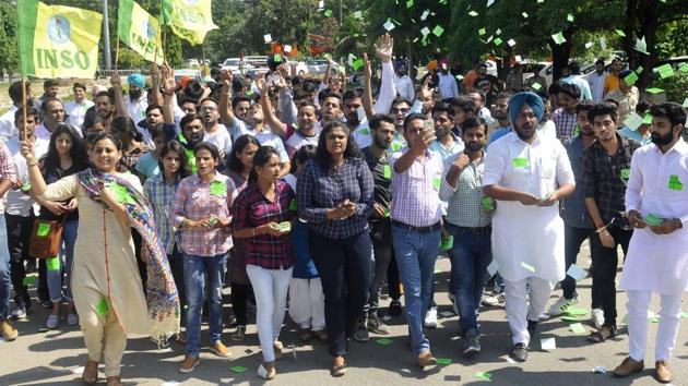 INSO party supporters taking out their rally on the campus on Tuesday. (karun sharma/ht)