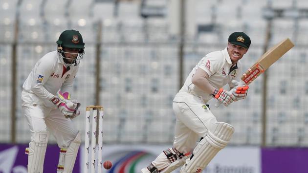 David Warner made 123 to help Australia edge past Bangladesh’s first innings total of 305 before the hosts struck back to restrict their lead to 72 when bad light stopped play at the Zahur Ahmed Chowdhury Stadium. (AP) David Warner made 123 to help Australia edge past Bangladesh’s first innings total of 305 before the hosts struck back to restrict their lead to 72 when bad light stopped play at the Zahur Ahmed Chowdhury Stadium. (AP)