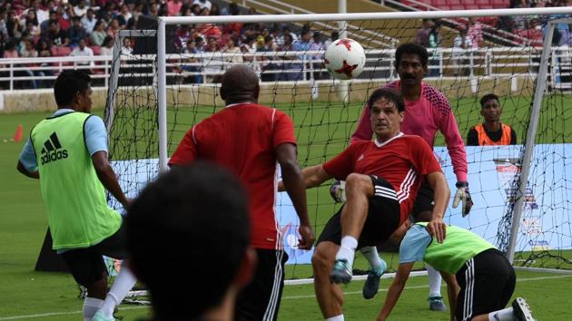 Ex-Spanish player Fernando Morientes, who played in two World Cups, in action. Henry Menezes is the goalkeeper. (Hindustan Times) Ex-Spanish player Fernando Morientes, who played in two World Cups, in action. Henry Menezes is the goalkeeper. (Hindustan Times)