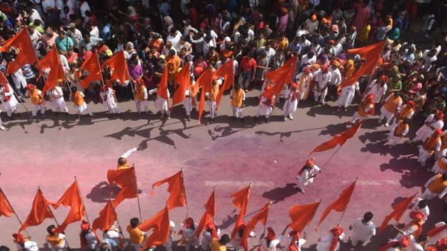 A dhol tasha group in action during the Ganesh visarjan procession in Pune on Tuesday.  (Pratham Gokhale/HT PHOTO) 