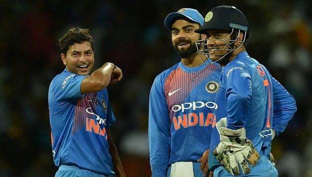 Yuzvendra Chahal took three wickets while Kuldeep Yadav scalped two. (PTI) Yuzvendra Chahal took three wickets while Kuldeep Yadav scalped two. (PTI)