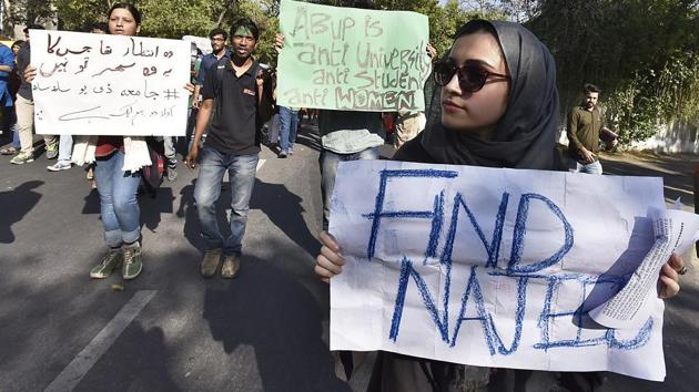 The court was hearing a plea filed by Najeeb’s mother, Fatima Nafees, who moved the court on November 25, 2016, to trace her son, a first-year MSc Biotechnology student who went missing from the Mahi Mandavi hostel in JNU.(Raj K Raj/HT PHOTO)