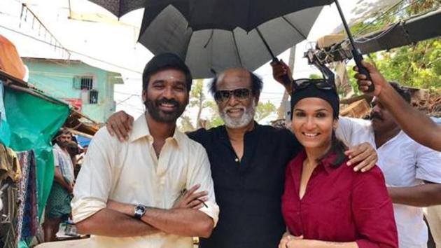 Soundarya Rajinikanth, Dhanush and Rajinikanth on the sets of Velaiilla Pattadhari 2.