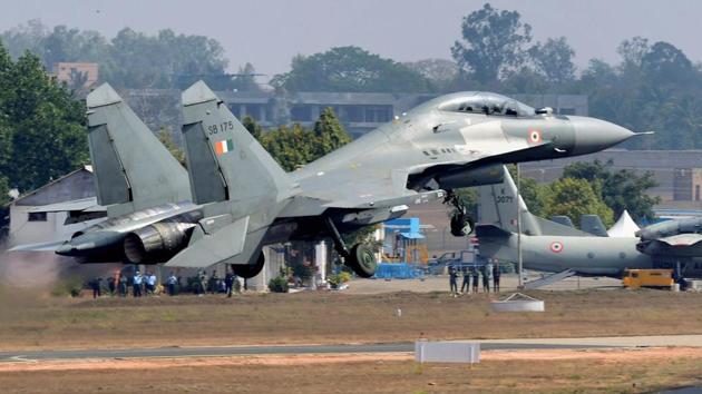 Indian Air Force's fighter aircraft Sukhoi takes off during the inauguration of the 11th biennial edition of AERO INDIA 2017 at Yelahanka Air base in Bengaluru.(PTI Photo)