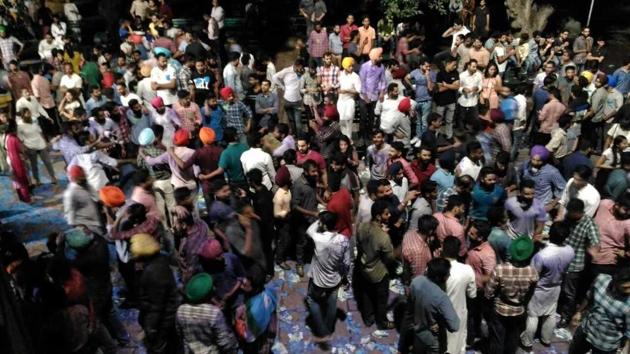 Students celebrating NSUI’s victory after the results were declared on September 7. (HT Photo) Students celebrating NSUI’s victory after the results were declared on September 7. (HT Photo)