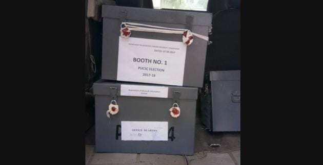 Sealed boxes containing the students’ votes at the Panjab University campus on Thursday. Counting of votes will begin shortly.  (HT Photo) 