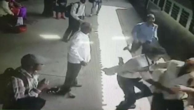 The CCTV footage, obtained from the CR, shows a man trying to board moving Sultanpur-LTT train at platform number. Unable to hold the pole, the man starts to slip and is about to fall in the gap between the platform and train. (CR) The CCTV footage, obtained from the CR, shows a man trying to board moving Sultanpur-LTT train at platform number. Unable to hold the pole, the man starts to slip and is about to fall in the gap between the platform and train. (CR)