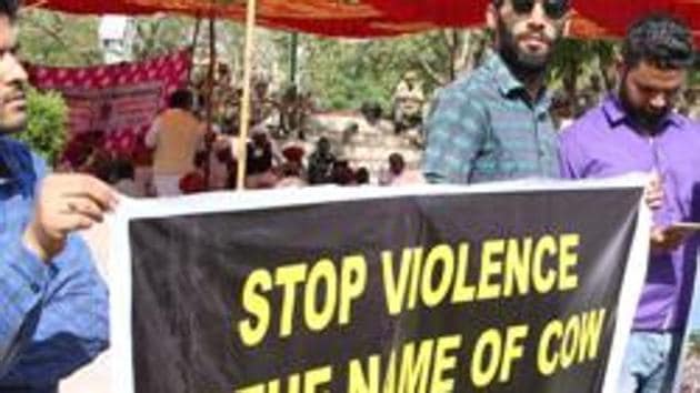 A protest march against cow vigilantes, Lucknow, 2017. Focus on cow protection, especially by vigilante groups, has risen since the BJP-led government took power in 2014.(HT)