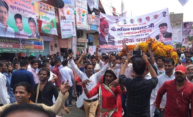 A procession by party workers to celebrate Rajasthan Congress chief Sachin Pilot’s birthday in Jaipur on Thursday.(HT Photo.)