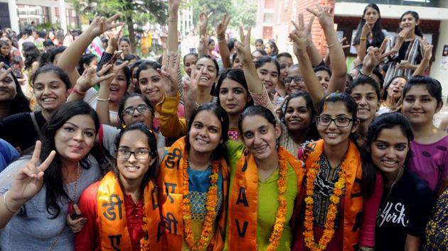 (left to right) Newly elected joint secretary Shweta, vice-president Himani Sharma, president Suchint Kapoor and secretary Bahaar Hundal in a jubilant mood after winning the student election at MCM DAV, Sector 36, Chandigarh. (keshav Singh)