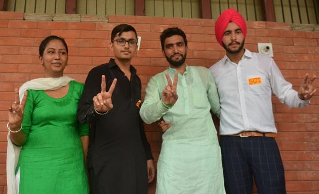 (From left) Joint secretarySimranjeet Kaur, general secretary Sagar Manocha, president Avish Kamboj and vice-president Amanjot Singh at Post Graduation Government College in Sector 11. (Karun sharma/ht)