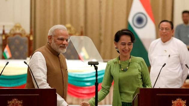 Prime Minister Narendra Modi and Myanmar's State Counselor Aung San Suu Kyi, Naypyitaw, Myanmar, September 6, 2017(REUTERS)