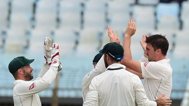 In response, Pat Cummins provided Australia with the early breakthrough as he sent back Soumya Sarkar for 9. (AFP) In response, Pat Cummins provided Australia with the early breakthrough as he sent back Soumya Sarkar for 9. (AFP)