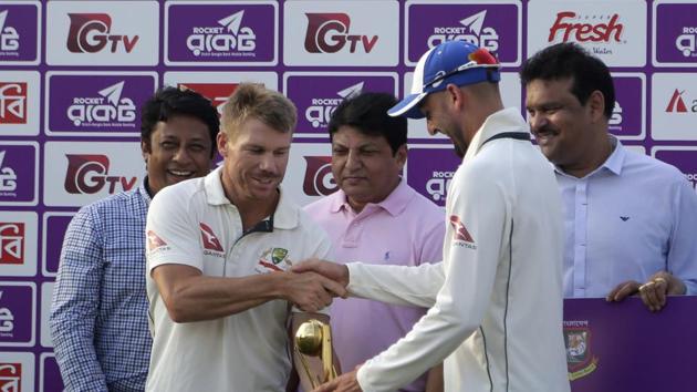 David Warner was the Man of the Match while Nathan Lyon was named the man of the Series. (AP) David Warner was the Man of the Match while Nathan Lyon was named the man of the Series. (AP)