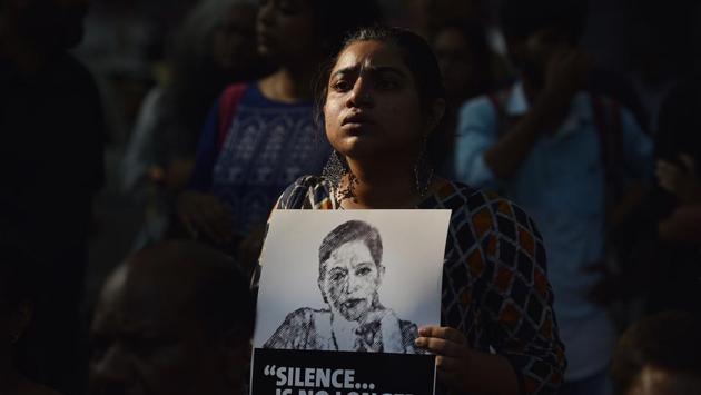 People participated in a protest called ‘Not In My Name’ at Jantar Mantar in New Delhi against the killing of senior journalist Gauri Lankesh. She was shot dead at her residence on Tuesday, was a vocal opponent of right-wing excess and was present at the forefront of protests denouncing them in Karnataka. (Ravi Choudhary/HT PHOTO) People participated in a protest called ‘Not In My Name’ at Jantar Mantar in New Delhi against the killing of senior journalist Gauri Lankesh. She was shot dead at her residence on Tuesday, was a vocal opponent of right-wing excess and was present at the forefront of protests denouncing them in Karnataka. (Ravi Choudhary/HT PHOTO)