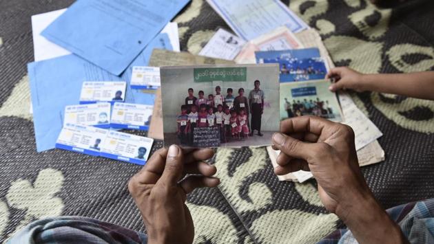 Noor Alam who communicated via a translator said that though he was able to flee to Delhi in December 2016, his sisters are still trapped in Myanmar. ‘I left because there was a wave of violence at that time. Whether my relatives in Myanmar will survive or not, I don't know. They are in God's hands now,’ he adds. (Burhaan Kinu / HT Photo) Noor Alam who communicated via a translator said that though he was able to flee to Delhi in December 2016, his sisters are still trapped in Myanmar. ‘I left because there was a wave of violence at that time. Whether my relatives in Myanmar will survive or not, I don't know. They are in God's hands now,’ he adds. (Burhaan Kinu / HT Photo)