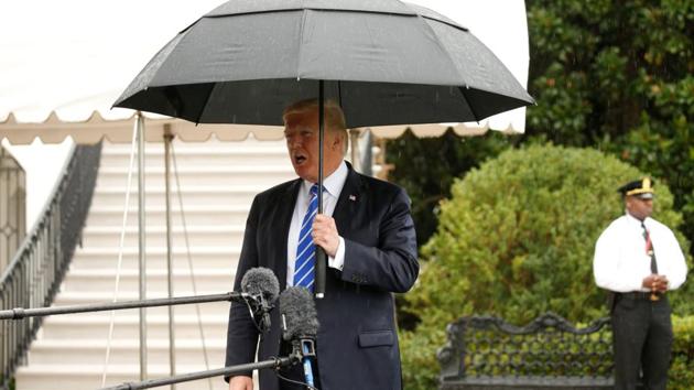 U.S. President Donald Trump speaks to reporters as he departs the White House to North Dakota, in Washington, U.S. September 6, 2017.(REUTERS)