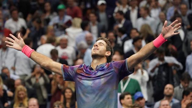 Juan Martin del Potro celebrates after beating Roger Federer in the quarterfinals of the US Open on Wednesday. The Argentine will play Rafael Nadal in the semifinal.(AFP)