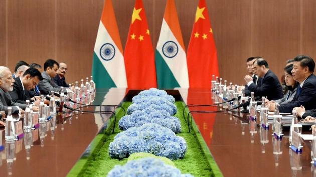 Prime Minister Narendra Modi in a bilateral meeting with the President of the People’s Republic of China, Xi Jinping, on the sidelines of the 9th BRICS Summit in Xiamen, China, September 5(PTI)