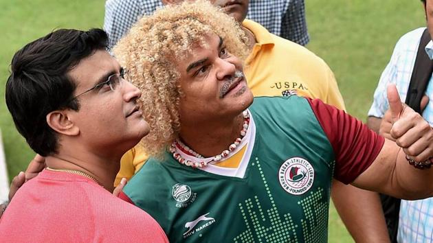 Carlos Valderrama visited the Mohun Bagan ground along with Sourav Ganguly. (PTI) Carlos Valderrama visited the Mohun Bagan ground along with Sourav Ganguly. (PTI)