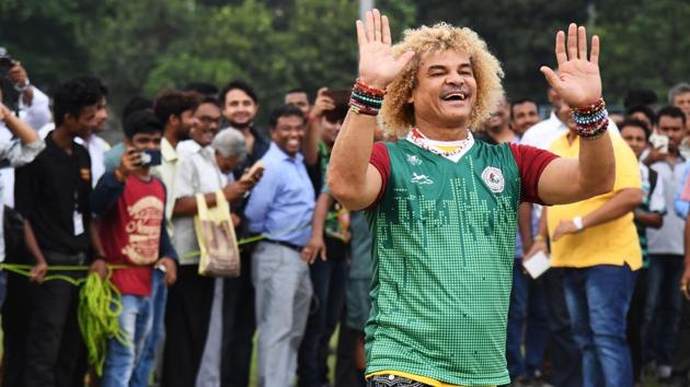 Carlos Valderrama gestures during an event ahead of the FIFA U-17 World Cup tournament. (AFP) Carlos Valderrama gestures during an event ahead of the FIFA U-17 World Cup tournament. (AFP)