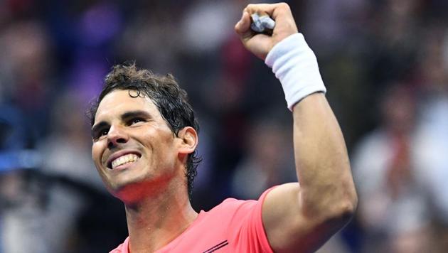 Rafael Nadal celebrates after defeating Andrey Rublev in their US Open Men's Singles quarterfinal match. (AFP) Rafael Nadal celebrates after defeating Andrey Rublev in their US Open Men's Singles quarterfinal match. (AFP)