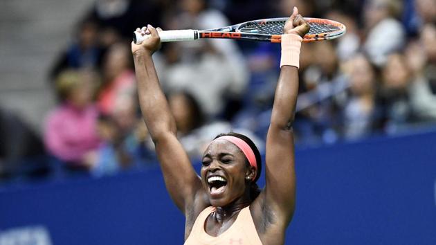 Sloane Stephens of the US celebrates after beating compatriot Venus Williams in their 2017 US Open women's singles semifinals at the USTA Billie Jean King National Tennis Center in New York on Friday. Stephens and Madison Keys will face off in the final to be played on Saturday. (AFP)