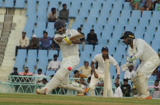 Priyank Panchal plays a sweep shot for a boundary on Saturday in the India Red vs India Green match in the Duleep Trophy in Lucknow. (HT Photo) Priyank Panchal plays a sweep shot for a boundary on Saturday in the India Red vs India Green match in the Duleep Trophy in Lucknow. (HT Photo)