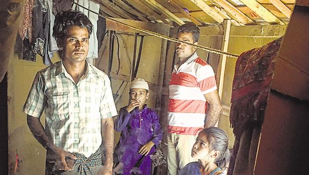 Zahid Hussain (extreme left) at his temporary home at the Rohingya camp in Jammu.