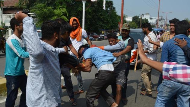 ABVP cadres got angry after their candidate lost by 835 votes for president’s post in the election at Gurukul Kangri University.(HT PHOTO)